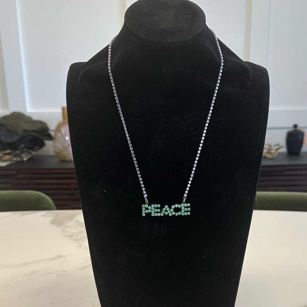 TOVA - Green Crystal PEACE Necklace on Purple Patina Crystal Antique Gold Chain